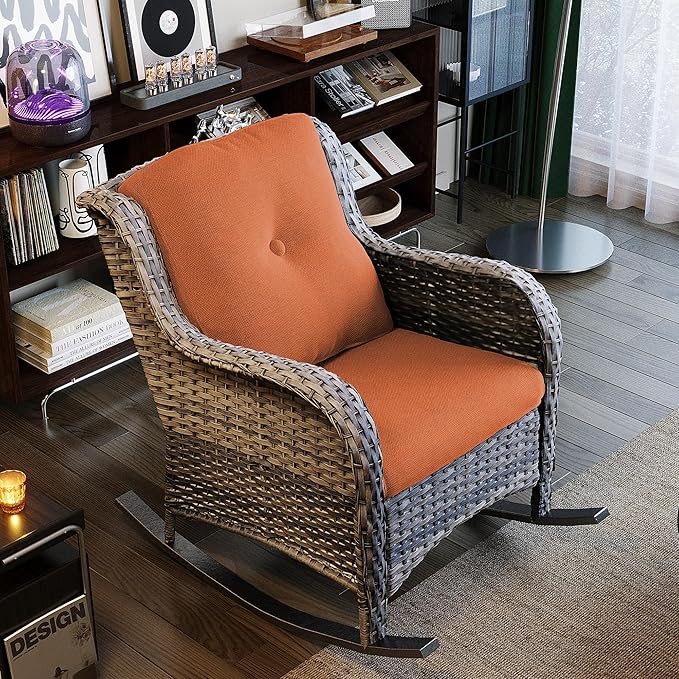 Outdoor Wicker Patio Rocking Chair - All-Weather Lawn Rocking Wicker Furniture with Alloy Steel Frame & Premium Fabric Cushion, Orange
