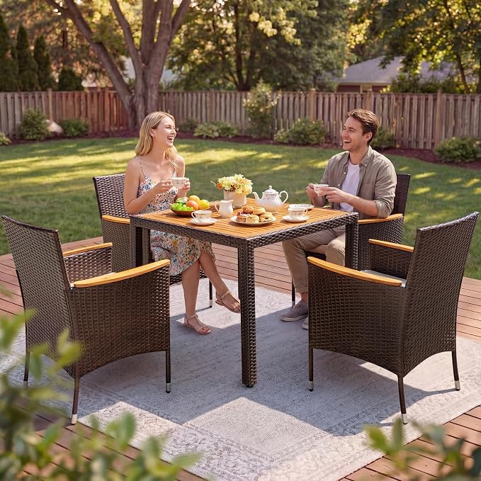 GUNJI 5 PCS Patio Table and Chairs Sets Small Outdoor Dining Set for 4 (Brown)