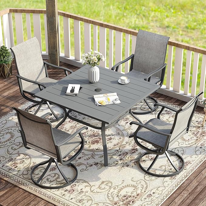 VICLLAX 5 Pieces Patio Dining Set for 4, Outdoor Furniture Set Includes 37.8" Square Outdoor Table and 4 Patio Swivel Chairs for Lawn Garden, Grey Tabletop and Grey Fabric
