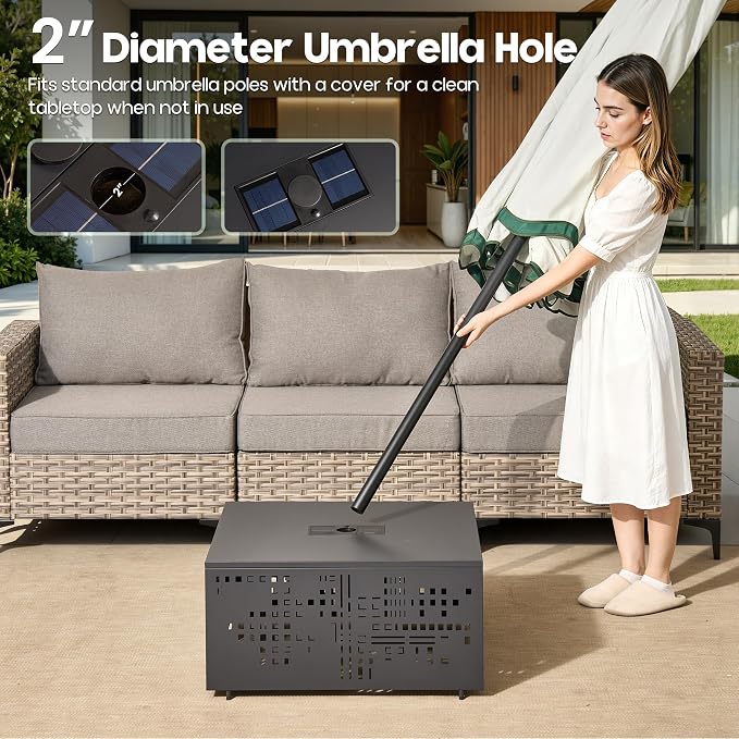27" Outdoor Coffee Table with Solar Ambient Light & Umbrella Hole, All-Weather Rust-Resistant Metal Patio Table for Backyard Gatherings, Poolside, Small Balconies & Outdoor Living Spaces, Dark Grey
