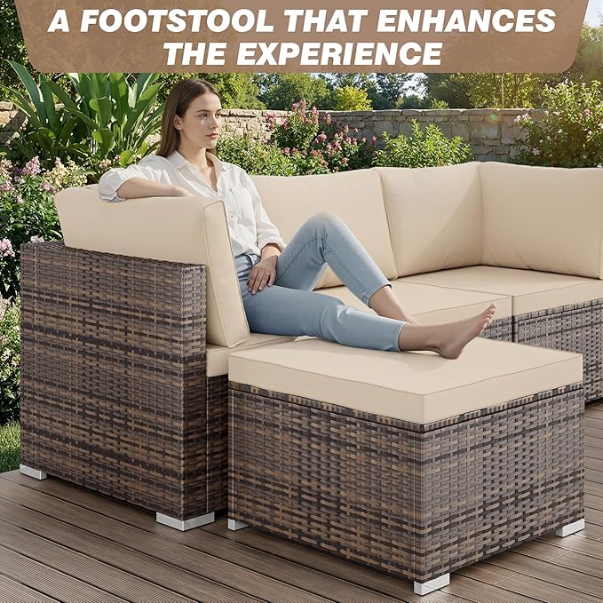 5 Piece Patio Furniture Sets, All-Weather PE Rattan Wicker Outdoor Sectional Sofa with Cushions and Glass Table for Garden Backyard Poolside