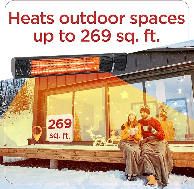 BLACK+DECKER Wall Mounted Infrared Patio Heater for Outdoor Use, 1500W Electric Heater with 3 settings, Space Heater with Remote Control, Heats Up To 160 Sq. Ft., BHOW03R, Black