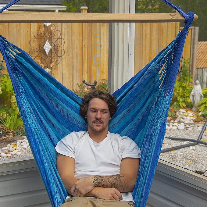 Vivere Cotton Double Wide Hammock Chair - Soft, Durable, Easy Setup with Wood Spreader Bar - 330 lb Capacity