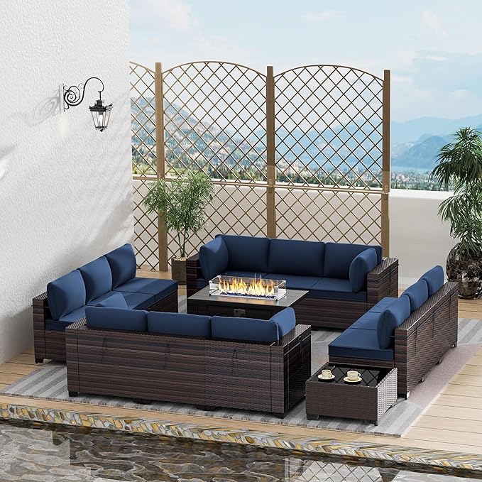 Outdoor Terrace Furniture Set, 15 Piece Outdoor Furniture Set, with 43 inch Aluminum 55003 BTU Propane fire Pit, PE Willow Vine Terrace Dialogue Set - Blue.