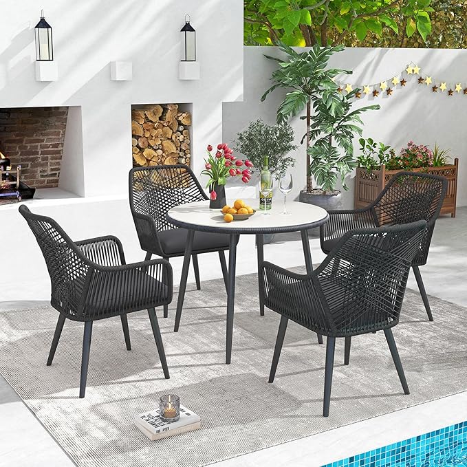 Patiorama 5-PC Patio Dining Set,Outdoor Dining Table Chair Set,All-Weather Twisted Rattan Wicker Rope Conversation Set,Patio Furniture Set w/Umbrella Hole,Cushioned Chairs&Table(Dark Grey&Cross Back)