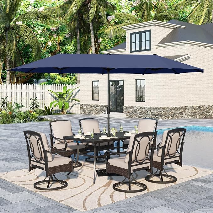Sophia & William Patio Table and Chairs Set with Umbrella 8 Piece Outdoor Dining Set for 6 with 13ft Double-Sided Patio Navy Umbrella, 6 x Swivel Patio Chairs, 1 Metal Table for Lawn Garden