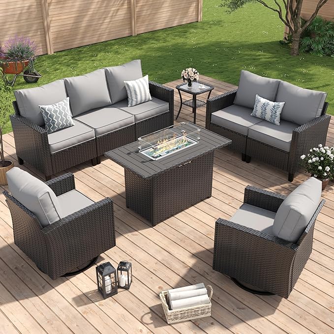 Amopatio Patio Furniture Set, 6-Piece Wicker Outdoor Sectional Sofa with Swivel Rocker Chairs, Rattan Conversation Set with Fire Pit Table and Waterproof Cover for Backyard Black/Light Grey
