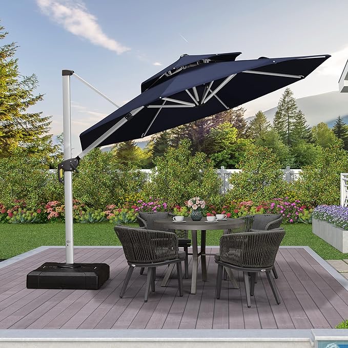 PURPLE LEAF 10 FT Cantilever Patio Umbrellas with Base Included, Large Round Offset Umbrella with 360° Rotation, Outdoor Aluminum Pool Umbrella for Pool Lawn Garden, Navy Blue