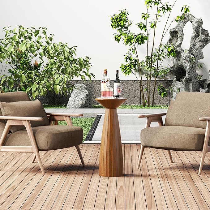Modern Patio Side Table, Mid-Century Metal Outdoor End Table, Pedestal Round Accent Table for Poolside, Balcony & Living Room, Weather Resistant, No Assembly Required, Brown