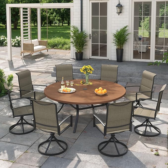 VICLLAX 9 Pieces Outdoor Dining Set, Patio Furniture Set Includes 60" Round Metal Table W/ 1.9" Umbrella Hole and 8 Padded Textilene Swivel Chairs for Porch, Lawn, Garden, Backyard