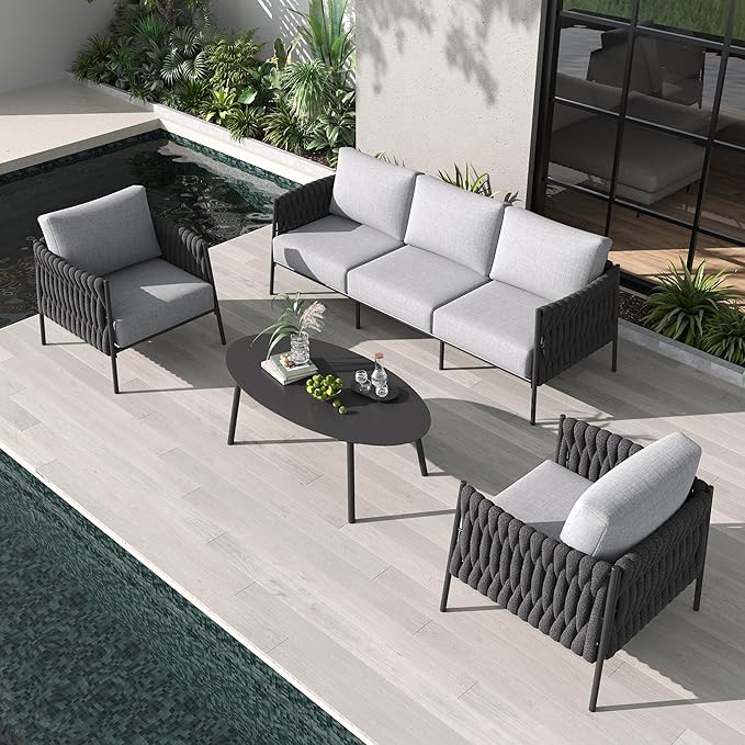 LayinSun 4 Piece Outdoor Furniture Set with Coffee Table, Modern Rope Woven Patio Conversation Sofa Set with Olefin Braid and Deep Seating