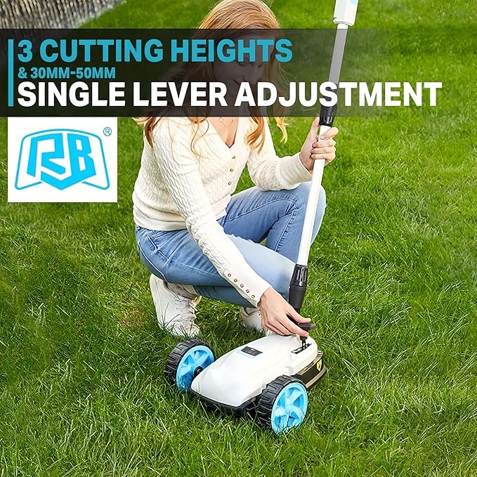 RB 40V 9" Mini Cordless Lawn Mower with Battery & Charger for Small Yards | Ultra-light with brushless motor. 3 cutting heights. One-hand steering. Upright storage for tiny spaces, small lawns, patios.