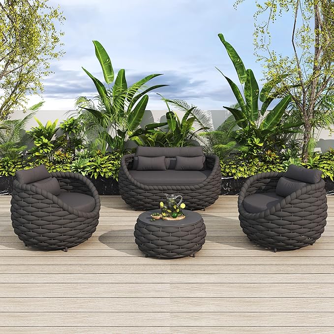 Patio Sofa Set for Outdoor and Indoor Use All-Weather Textilene 4 Pieces Conversation Set, Sectional Sofa and Coffee Table Aluminum Frame Garden Furniture (Dark Grey)