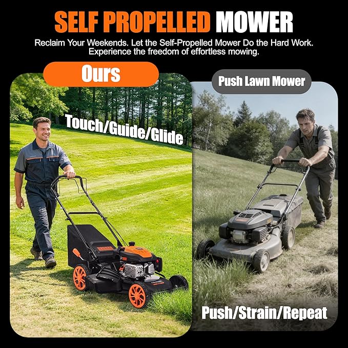 21-Inch Self-Propelled Gas Lawn Mower, 170CC 4-Stroke Engine, 7-Position Height Adjustment, 3-in-1 Mulching, Bagging & Side Discharge, 1.9-Bushel Grass Collector, EPA Compliant