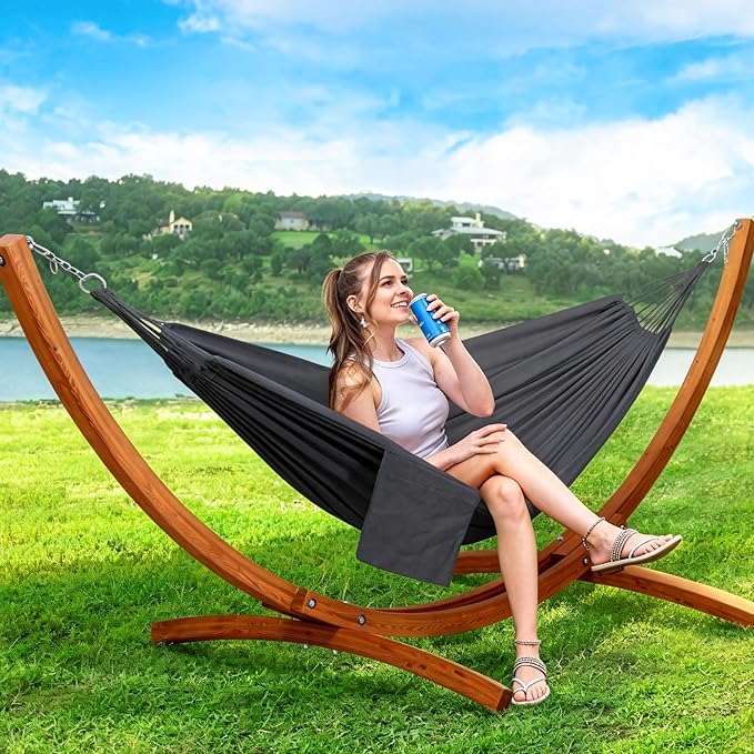 SUNCREAT 2 Person Hammock with 10 ft Wooden Stand Included, Outdoor Hammocks for Outside, 475 lbs Capacity, Dark Gray