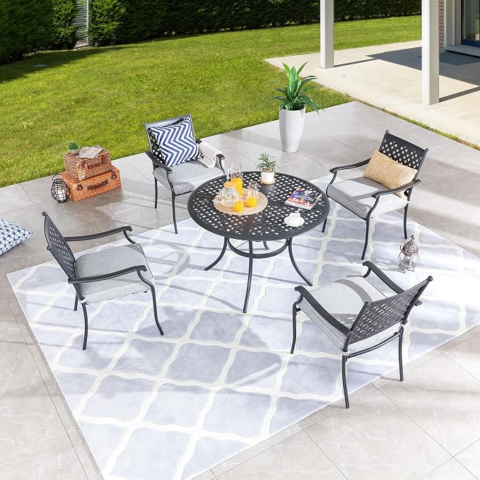 LOKATSE Home 5 Piece Outdoor Patio Metal Dining 4 Iron Arm Chairs with Seat Cushions and 1 Table with Umbrella Hole, Grey-Set