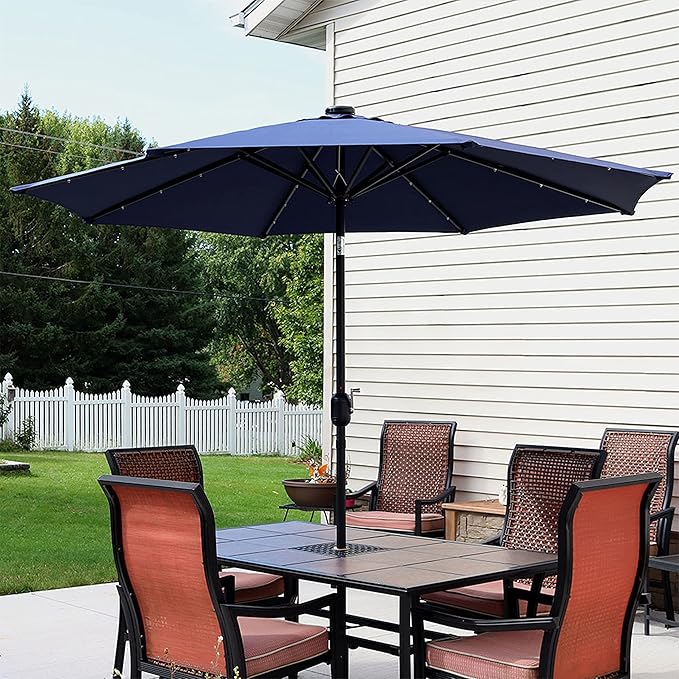 Sunnydaze 9 ft Outdoor Patio Umbrella with Solar Lights - Polyester LED Table Market Umbrella with Push-Button Tilt and Crank - Navy Blue