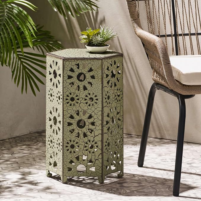 12" Outdoor Side Table, Metal Side Table, Multi Functional Decorative Cutout, Coffee Table, Night Stand, Plant Stand for Patio, Garden, Backyard, Gazebo Indoor (Green)