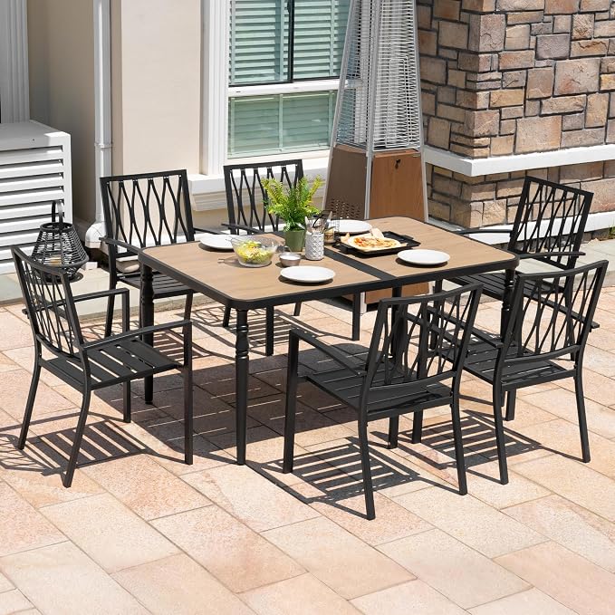 NUU GARDEN Outdoor 7-Piece Patio Dining Set, 6 Patio Chairs and 61" x 37" Rectangle Metal Dining Table with Umbrella Hole, Iron Frame Wood-Grain Tabletop, for Backyard, Deck, Garden, Black