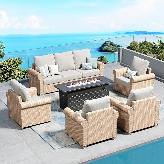 Patio Furniture Set 6 pcs, Wicker Rattan Sofa and Chairs with 5.5" Thick Waterproof Cushions, 56" Fire Pit Table, All Weather Outdoor Conversation Set for Backyard Deck, 7 Seats Beige