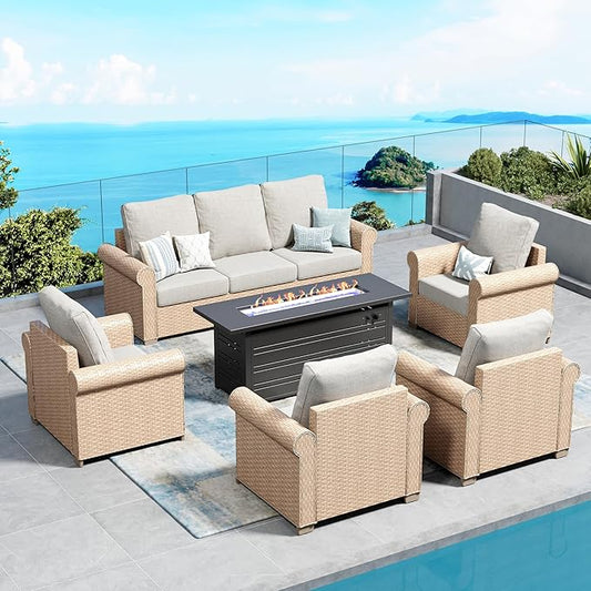 SUNSHINE VALLEY Patio Furniture Set 6 pcs, Wicker Rattan Sofa and Chairs with 5.5" Thick Waterproof Cushions, 56" Fire Pit Table, All Weather Outdoor Conversation Set for Backyard Deck, 7 Seats Beige
