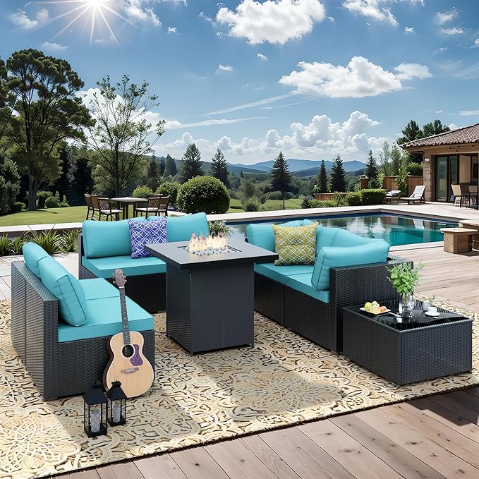 Patio Furniture Set with Fire Pit, All-Weather Outdoor Sectional Patio Furniture Set Including 7-Seated Sofa, 28" Gas Fire Pit Table,Coffee Table for Any Patio,Blue