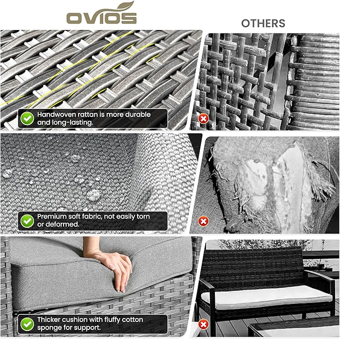 ovios 4 Pieces Patio Furniture Set, Outdoor Wicker Rattan Sofa Couch with Loveseat, Chairs, Glass Coffee Table, Conversation Sets for Yard Porch Garden, Dark Grey