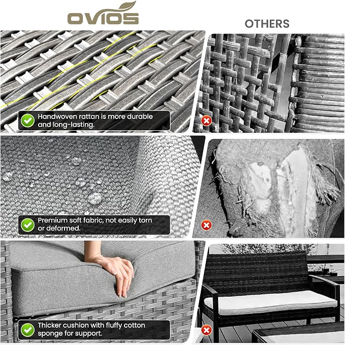 ovios 9 Pieces Patio Furniture Set with Square Fire Pit Table, Outdoor Swivel Rocking Chairs, High Back Wicker Rattan Conversation Set for Deck Porch, Dark Grey
