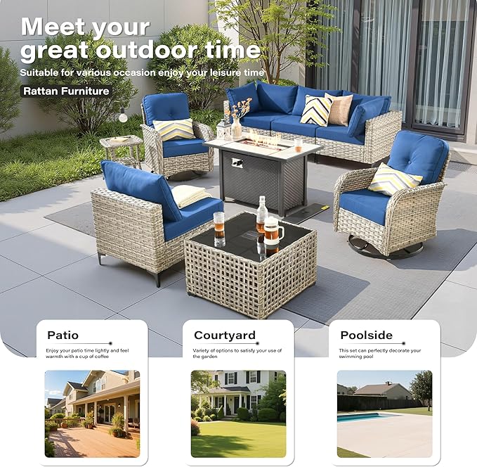 9 Pieces Outdoor Sectional Patio Furniture Set with 42" Fire Pit,Conversation Sets Rattan Wicker L Shaped Couch Swivel Rocking Chairs,Modular Outdoor Sofa for Porch Balcony Backyard Navy Blue