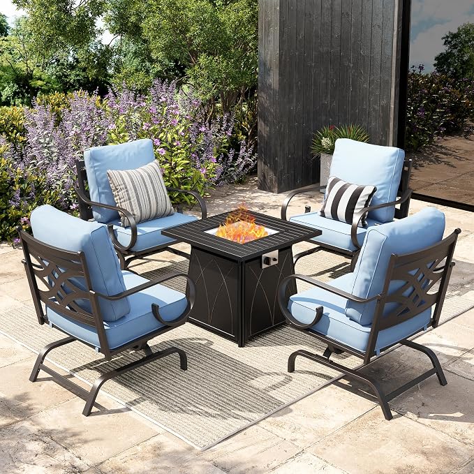 Sophia & William Patio Conversation Set for 4, 4 Rocking Chairs and a 28" Square Fire Pit Table, Metal Outdoor Furniture with 5.75" Extra Thick Cushions, Blue