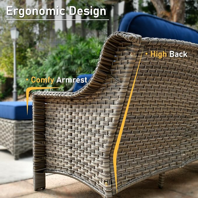 HOOOWOOO 5 Piece Patio Furniture Conversation Sets with Swivel Rocking Chairs,Outdoor Wicker Furniture with LED Tablet,All Weather Resistant High Back Rattan Conversational Set(Navy Blue)