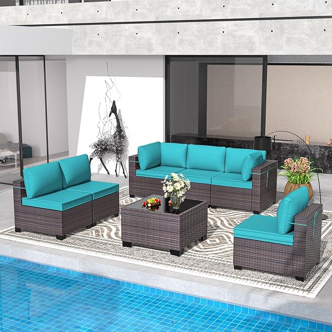 Patio Furniture Set 7 Pieces Outdoor Sectional Sofa Set,All Weather Wicker Patio Sofa PE Rattan Patio Conversation Set w/Cushions and Glass Coffee Table,Blue