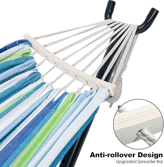 Double Hammock with Stand for Outside, Upgraded Spreader Bar, Heavy Duty Space Saving Steel Stand 2 Person, Convenient Pockets, Easy Assembly, 600lbs Weight Capacity, Indoor & Outdoor (Lagoon)