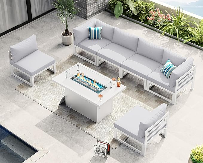 NICESOUL 7 Piece White Powder-Coated Aluminum Patio Furniture with Fire Pit Table, 29 Inch Extra Wide Outdoor Sectional Sofa for 6, High-End Heavy Duty L-Shaped Large Couch for Backyard, Light Gray