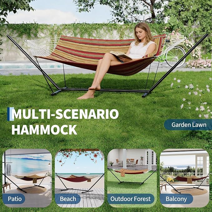 IDEALHOUSE Double Hammock with Stand, 2 Person Outdoor Hammock, 450 Lb Capacity, Pillow Included, 12 ft Stand for Patio, Backyard, Poolside, Red and Yellow Stripes