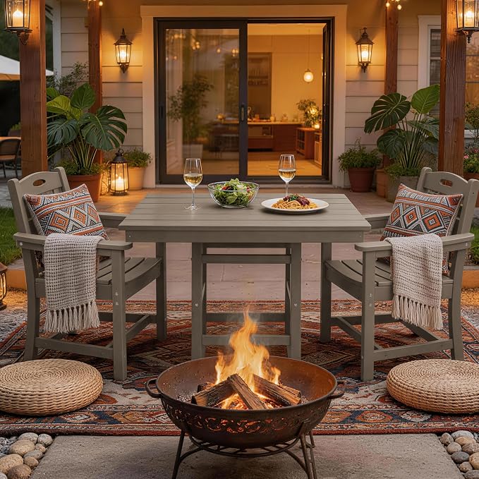3 Piece Outdoor Patio Dining Set, HDPE 37.8" Square Dining Table & 2 Comfortable Armchairs, 1.77" Umbrella Hole, Heavy Duty Poly Bistro Furniture for Balcony, Porch, Garden, Poolside, Weathered Wood