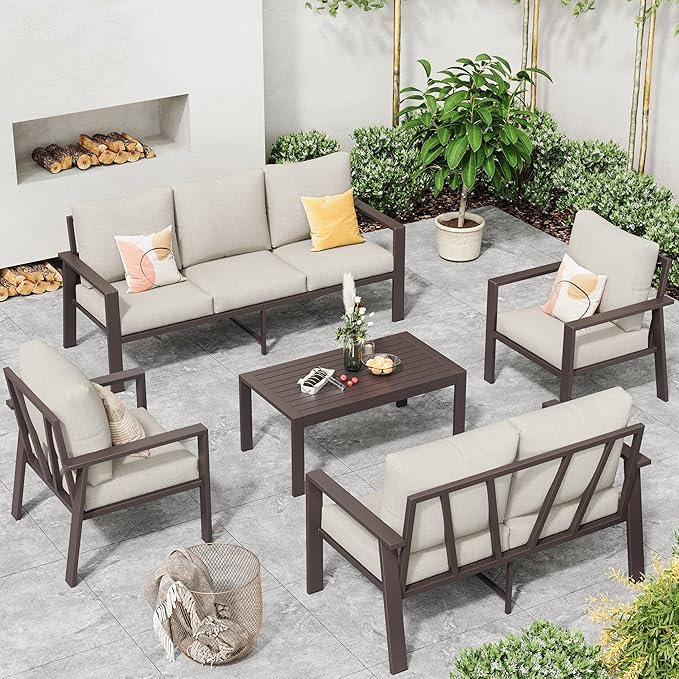 5-Piece Aluminum Patio Conversation Sets All-Weather Outdoor Furniture Sectional Sofa Modular Patio Set with 4'' Cushion Removable Covers for Porch Poolside Deck Balcony Yard