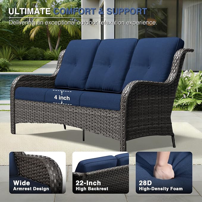 Joyside 5 Piece Wicker Patio Furniture Set, Rattan Patio Chairs with High Back, Deep Seating, Wide Armrest, Thickened Cushions, Outdoor Furniture for Deck, Porch Use