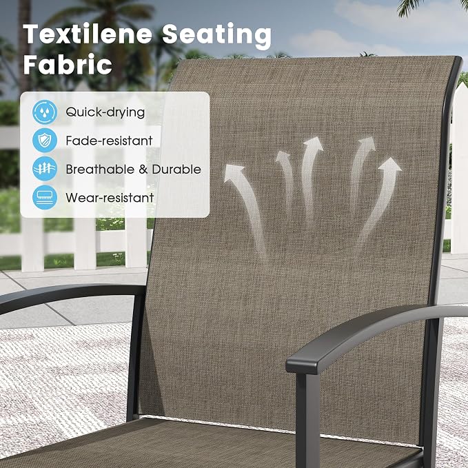 9 Pieces Outdoor Patio Dining Table Set, 60" All Weather Round Metal Table with Umbrella Hole and 8 High Back Textilene Swivel Chairs for Garden, Lawn, Poolside, Walnut Table & Brown Chairs