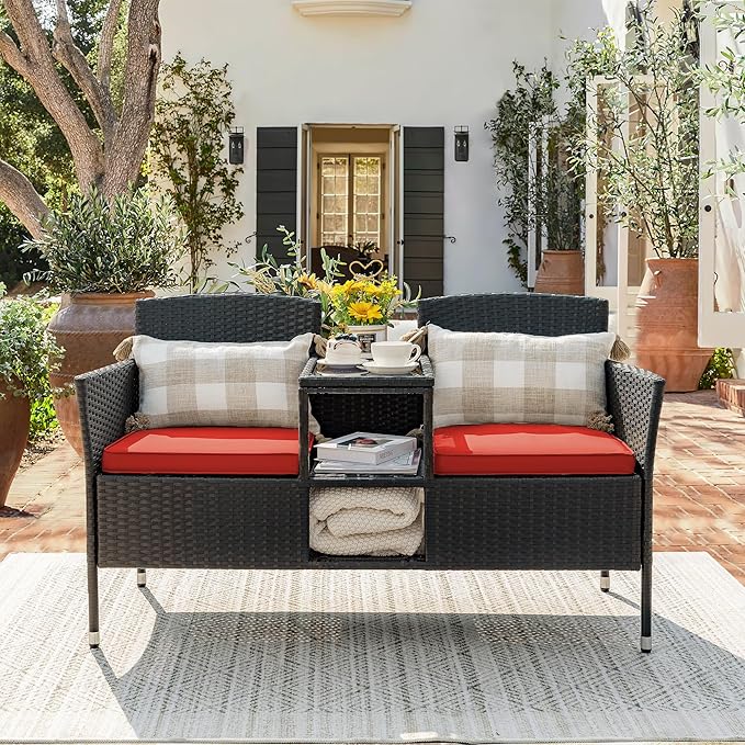 Devoko Outdoor Patio Loveseat Modern Rattan 2-Seat Patio Conversation Set with Cushions & Built-in Coffee Table Porch Furniture for Garden Lawn Backyard (Red)