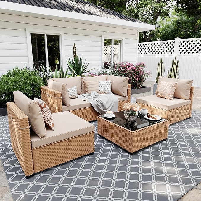 UPHA 5 Pieces Patio Furniture Sets, Wicker Outdoor Sectional Sofa Couch with Coffee Table, Patio Conversation Set for Deck Backyard Garden, Beige Rattan, Beige Cushion