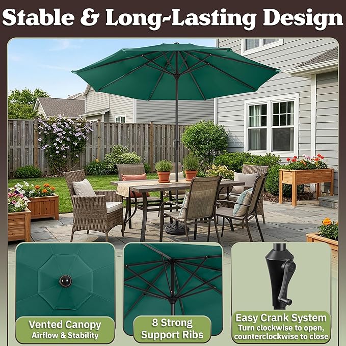 Pure Garden 9FT Round Patio Umbrella with 19lb Weighted Base - Easy Crank, Vented Canopy Outdoor Umbrella for Shade - For Deck, Balcony, Porch, Backyard, or Pool (Dark Green)