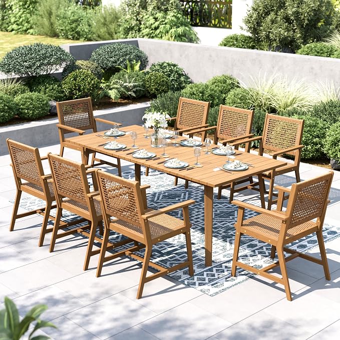 PHI VILLA Patio Dining Chairs, Set of 2, Acacia Wood & Wicker, Brown | All-Weather, Wide Seat, For Deck, Porch, Garden