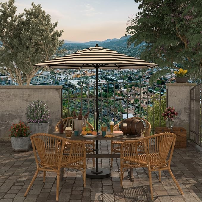 California Umbrella 7.5' Rd Aluminum Patio Umbrella, Crank Lift, Auto Tilt, Black Finish