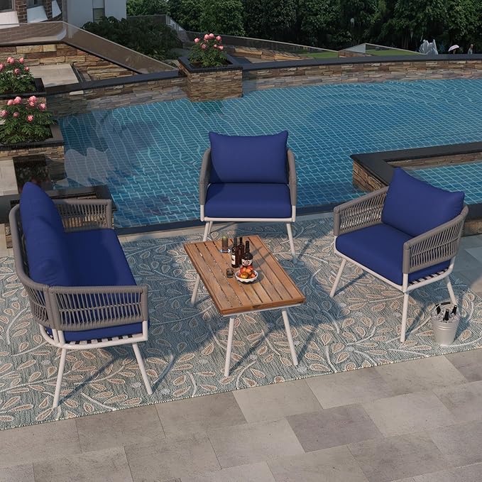 GOWE 4-Piece Boho Rope Patio Furniture Set, Outdoor Furniture with Acacia Wood Table, Patio Conversation Set with Deep Seating & Thick Cushion for Backyard Porch Balcony, Navy Blue