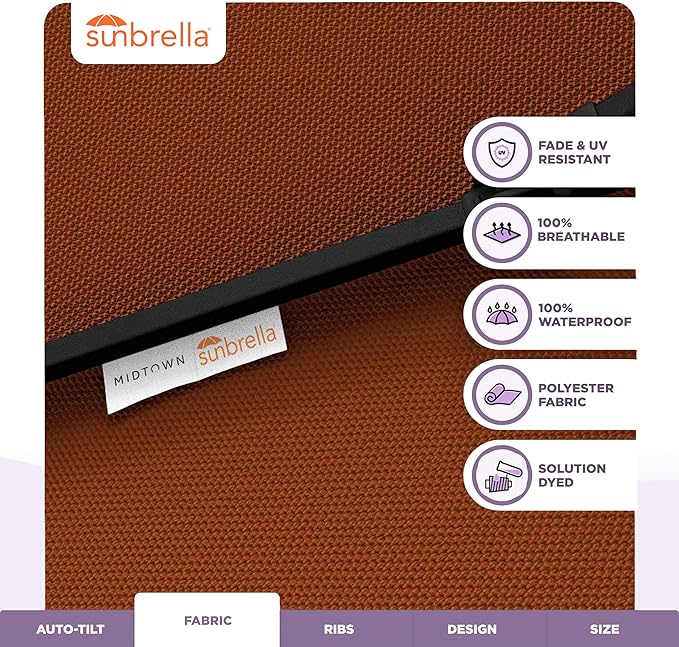 Midtown Umbrellas - The Lean 10 Ft Patio Umbrella with Fade-Resistant Sunbrella Fabric, Auto-Tilt Aluminum Frame and 8 Reinforced Ribs for Deck, Pool & Garden - Terracotta Canopy, Black Pole