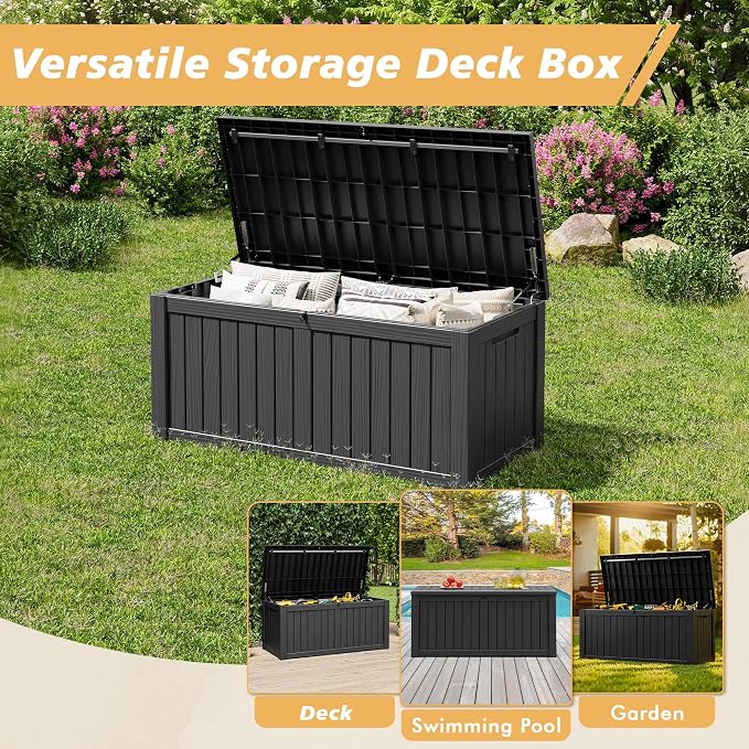 Fancyango 150 Gallon Outdoor Deck Box Waterproof, Large Storage Box for Patio, Resin Storage Bench Lockable for Garden Tools, Package Delivery, Black