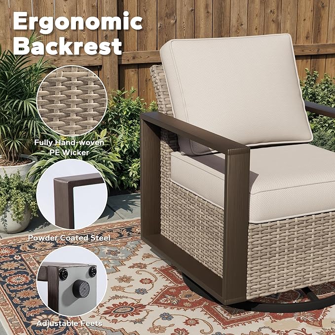 Joyside Outdoor Patio Swivel Rocker Chairs, 3 Pieces Wicker Furniture Set, 2 Swivel Rocking Chairs and 1 Table, Metal Wide Armrest, Thick Cushions and Deep Seating for Garden, Backyard, Porch, Deck