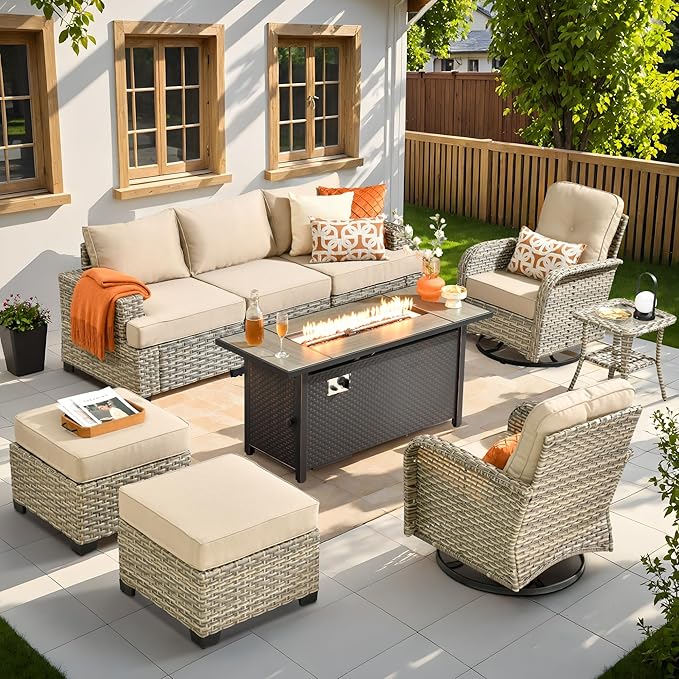 9 Pcs Outdoor Sectional Patio Furniture Set with Fire Pit Table and Swivel Rocking Chairs - All Weather Wicker Modular Outside Sectional Sofa Couch,Patio Seating Outdoor Conversation Sets,Beige