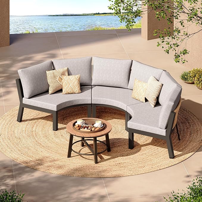 Outdoor Aluminum Round Coffee Table, All-Weather Patio Coffee Tables for Outside with PS Wood-Like Table Top, Modular Coffee Table for Backyard, Balcony, Deck, Yard, Graphite